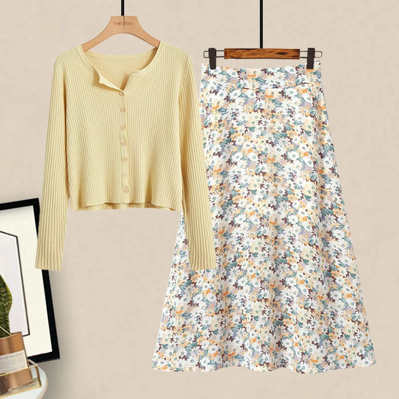 2025年秋季新款大码女装冰丝防晒上衣搭配女显瘦碎花半身裙两件套