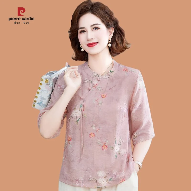 皮尔卡丹新中式妈妈夏旗袍印花小衫新款中老年女中袖薄款唐装T恤