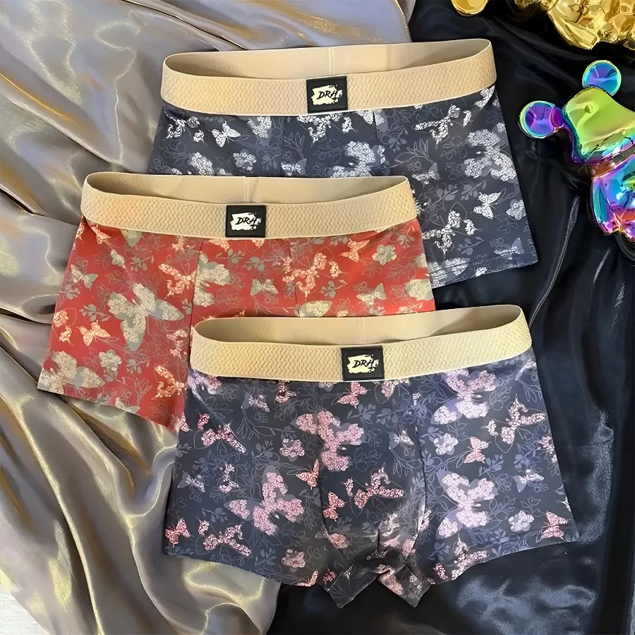 爆款蝴蝶花男生内裤纯棉短裤头复古风平角裤透气潮流个性四角裤衩