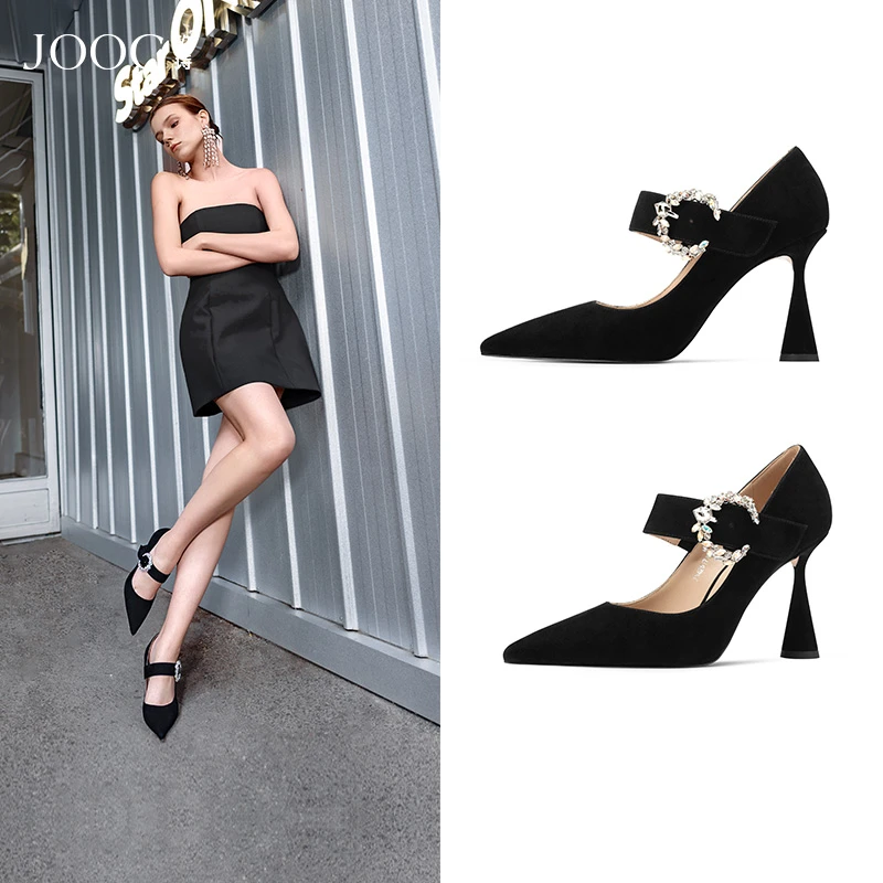 【现代复古】JOOC玖诗黑色高跟鞋女春季新款一字带扣尖头单鞋