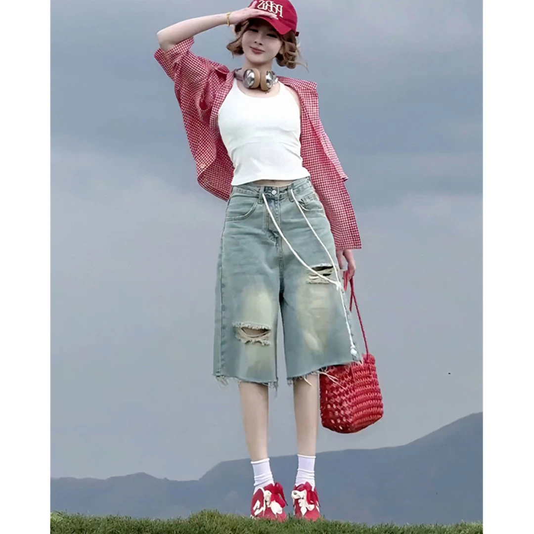 韩版时尚百搭破洞水洗五分牛仔裤女夏季高腰显瘦抽绳阔腿中裤