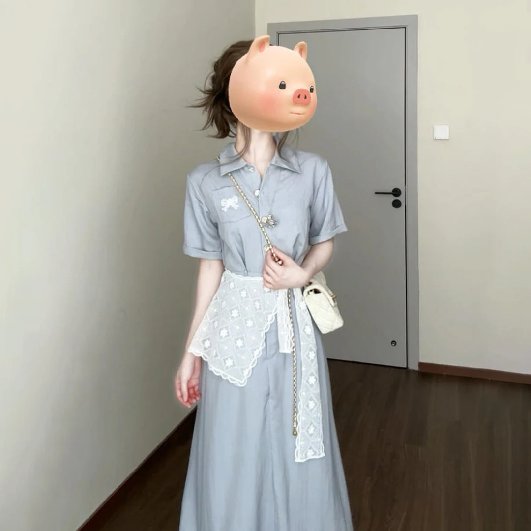 2025新款韩系学院风蓝色衬衫连衣裙子女夏季高级感a字裙收腰长裙