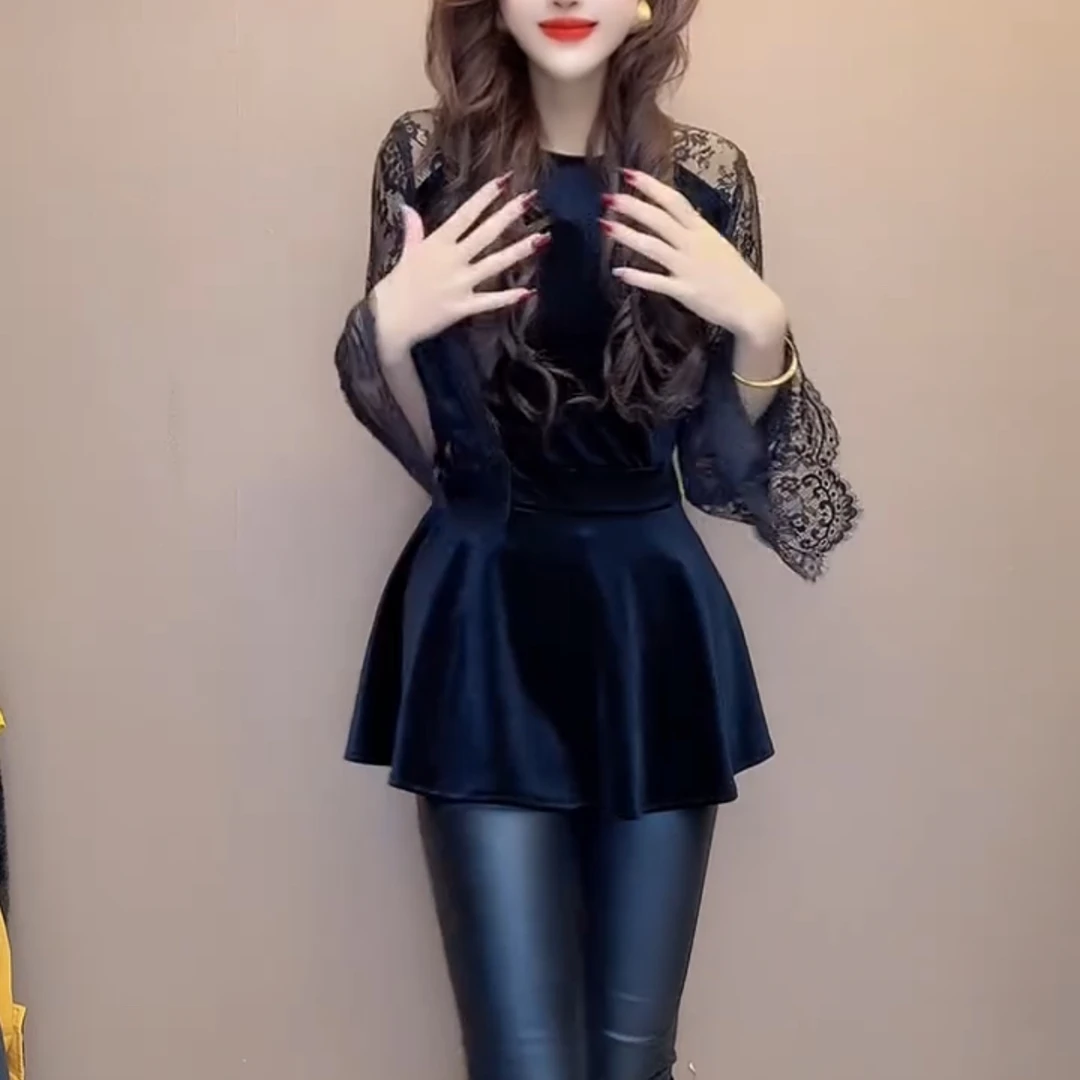 轻奢高级感丝绒拼接蕾丝荷叶边喇叭袖收腰显瘦洋气上衣