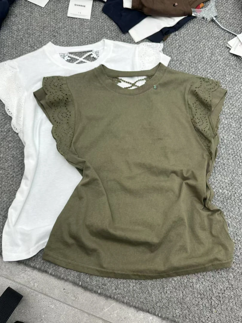 深圳南油高货ZZ蕾丝飞袖修身型T恤圆领简约法式纯色短袖休闲拼接