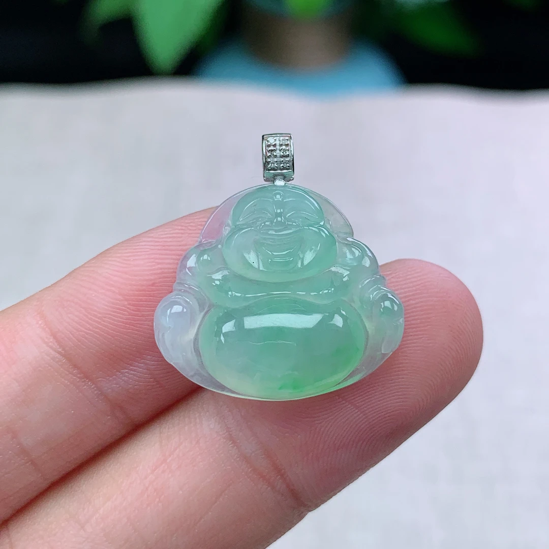 缅甸天然翡翠A货19.4-22.1-5.8玉石冰种晴绿佛公锁骨链吊坠礼物