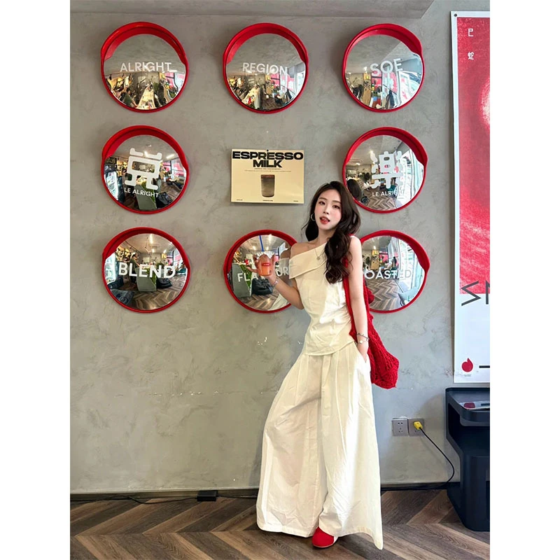 韩系清纯休闲百搭时尚小众设计感露肩无袖上衣高腰宽松直筒阔腿裤