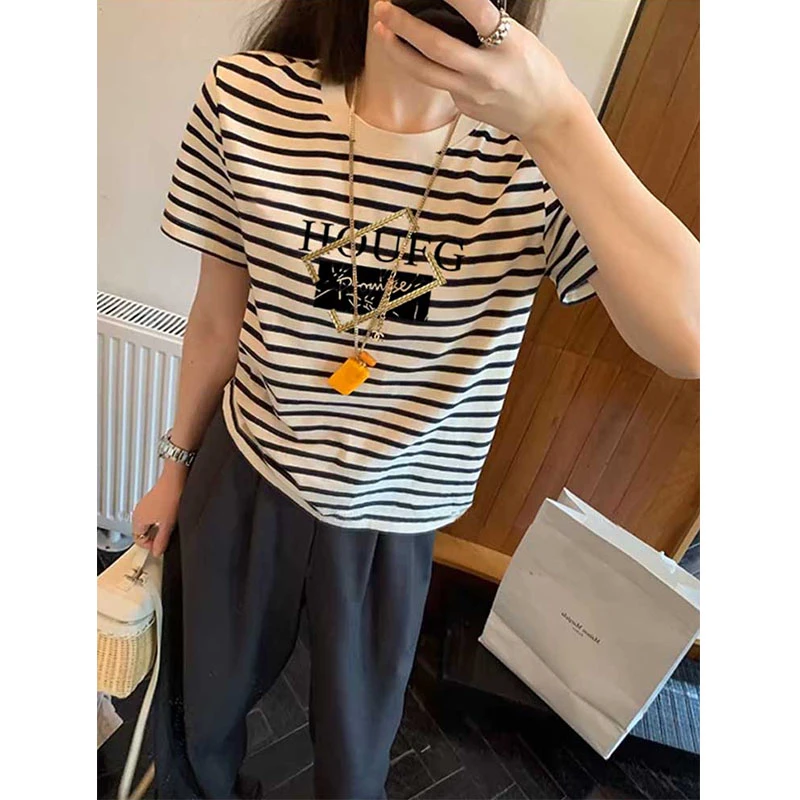 条纹正肩圆领短袖t恤女2025新款时尚百搭洋气宽松上衣打底衫夏季