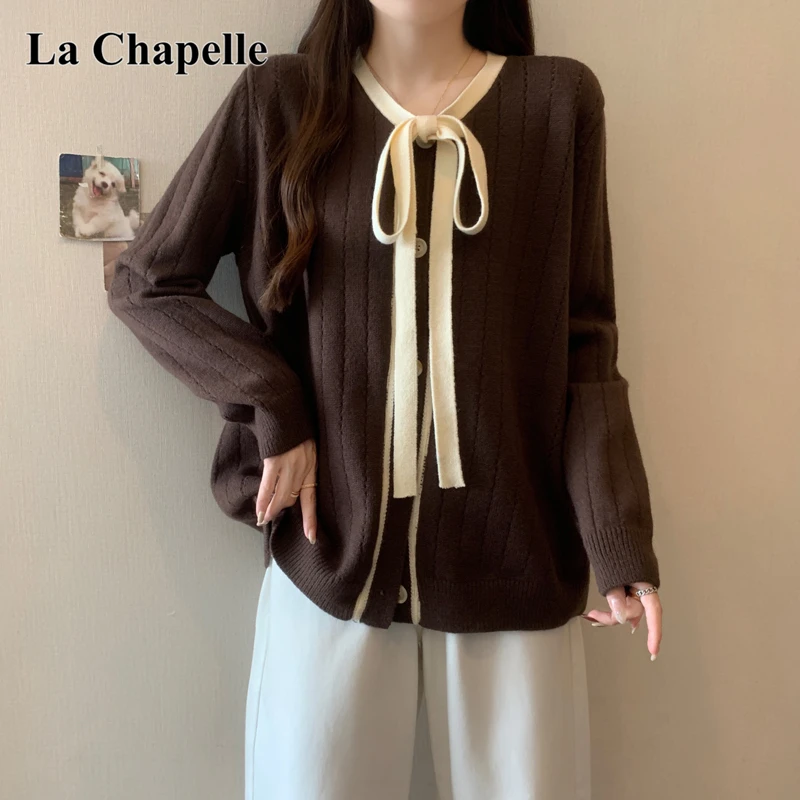 拉夏贝尔大码法式V领系带针织衫女秋冬款胖mm显瘦遮肉美拉德毛衣