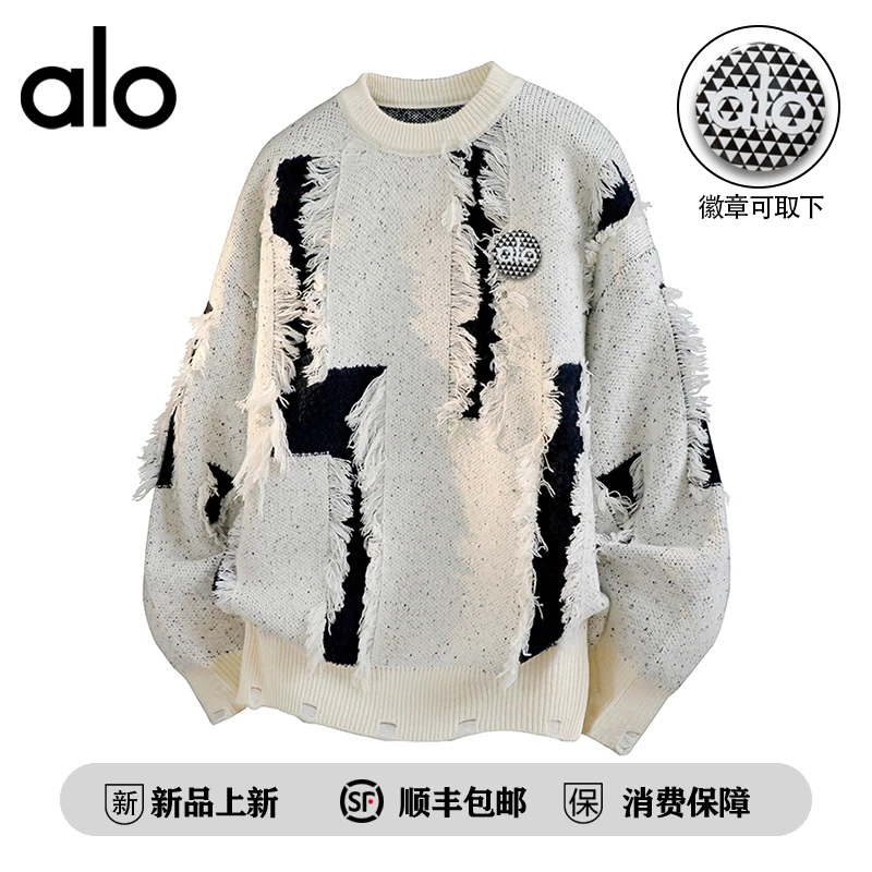 【官方奥特莱斯】品牌折扣复古破洞设计感针织衫男宽松休闲情侣毛衣