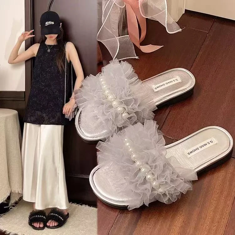 2025新款超火沙滩仙女风蕾丝网纱凉拖鞋女夏外穿增高防滑一字拖