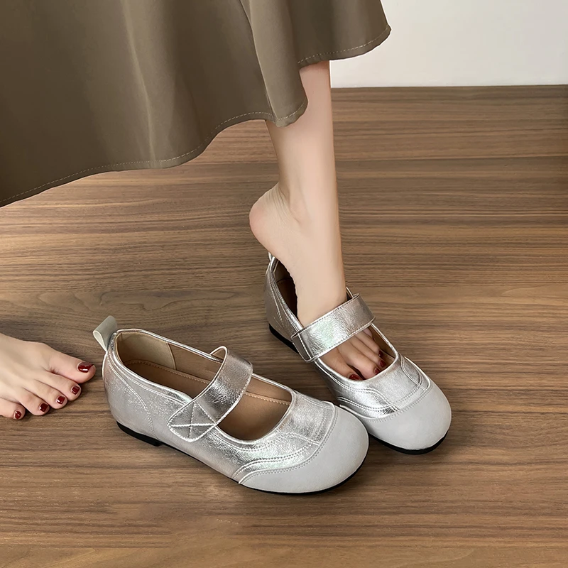 法式内增高玛丽珍鞋女小个子银色魔术贴浅口单鞋舒适软底芭蕾舞鞋