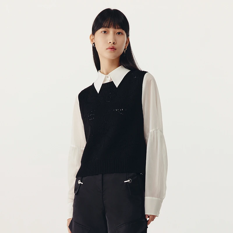 LY荷比俪 23春新款女黑白宽松衬衫套头假两件上衣HYD14650146