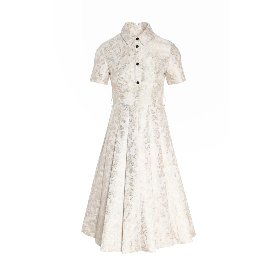 法式闪金蝴蝶褶皱浮雕提花连衣裙2024夏季新款优雅压褶大裙摆0047