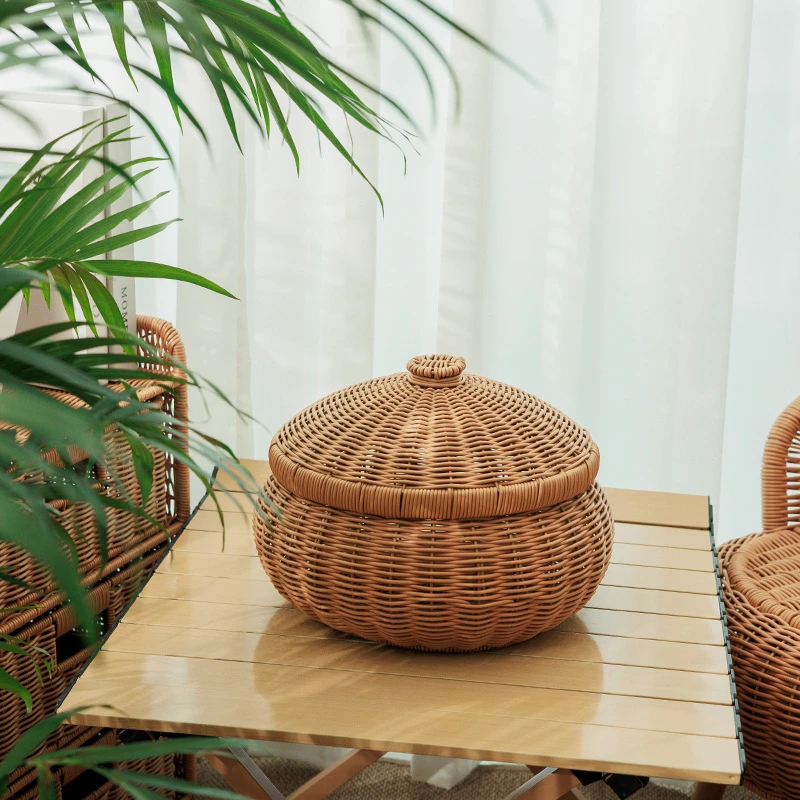 仿藤编水果筐收纳储物篮客厅桌面零食糖果篮带盖茶叶罐厨房鸡蛋筐