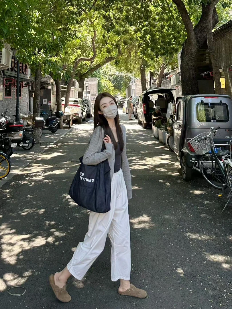 2025春季新款气质简约灰色针织开衫高腰显瘦百搭休闲裤两件套装