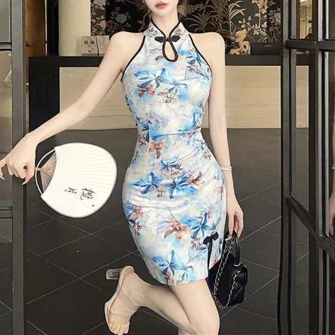 性感短款包臀裙改良旗袍夏季辣妹修身显瘦新中式收腰挂脖连衣裙女