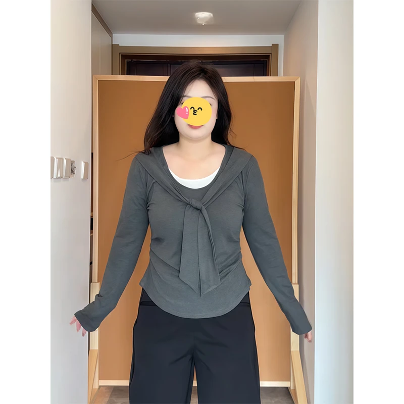 大码女装秋季新款松弛感假两件撞色长袖T恤韩系修身气质上衣潮