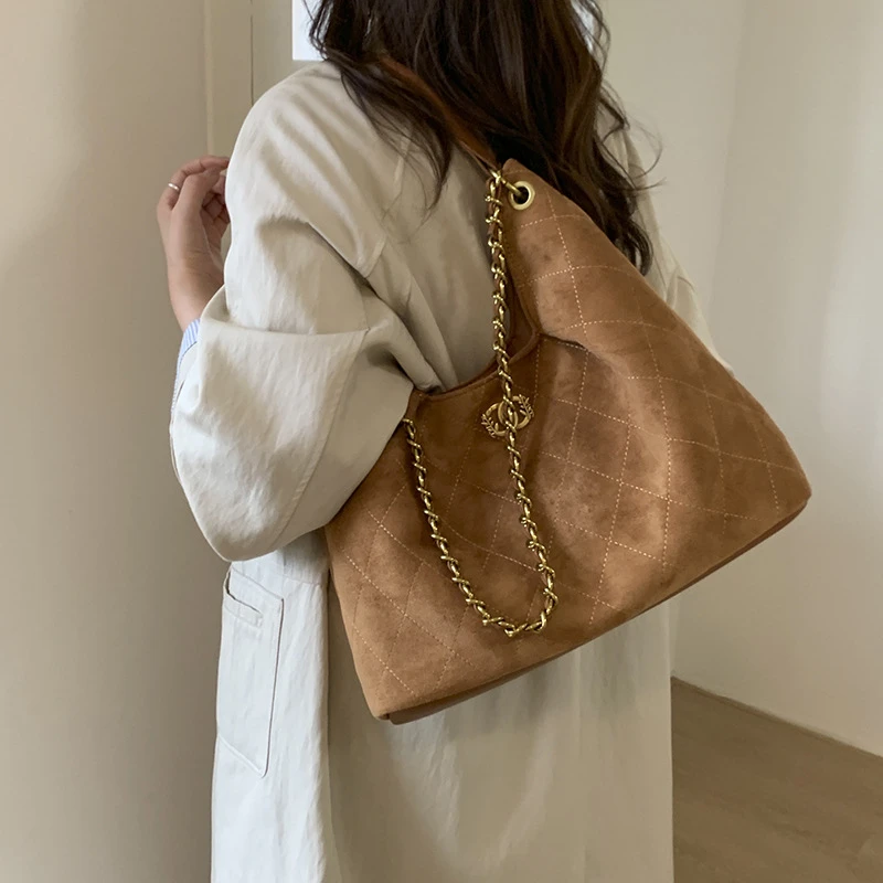 托特包复古麂皮绒大容量时尚包包女秋冬百搭休闲菱格通勤银色包包