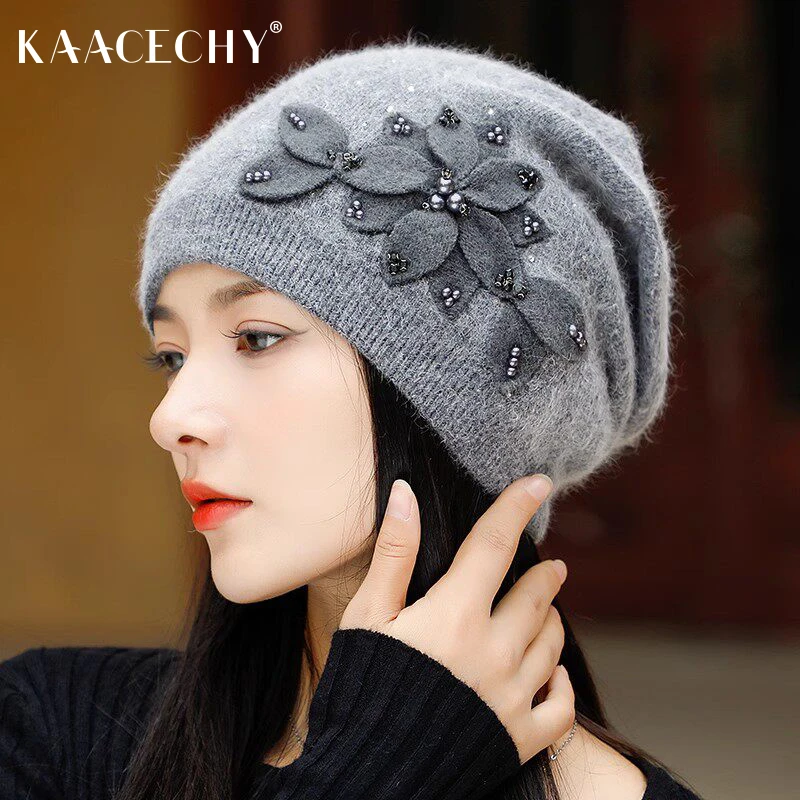 针织立体花朵包头帽子女2025新款优雅珍珠点缀保暖护耳毛线堆堆帽