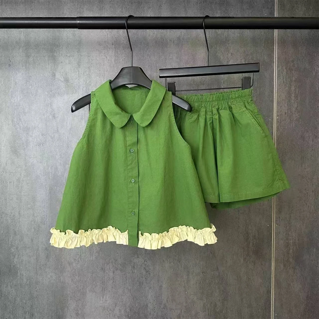 女童夏季套装2025新款洋气小女孩洋气娃娃领无袖衬衫短裤两件套潮