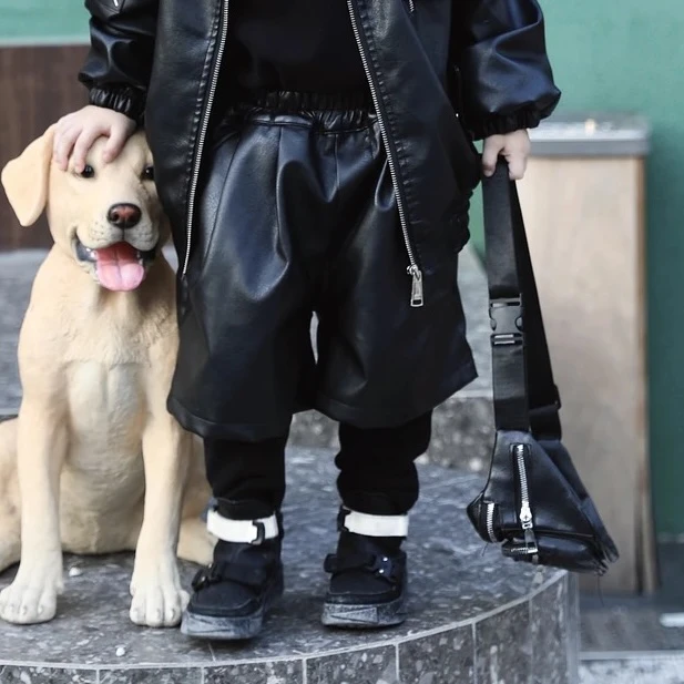 【现货】SUPER JIMMY 不被定义 冬季儿童加绒假两件皮短裤拼接长裤