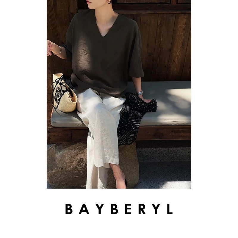 BAYBERYL老贝干丝纸皱感V领简约高级凉爽夏短袖上衣NCY5E2601-6/7