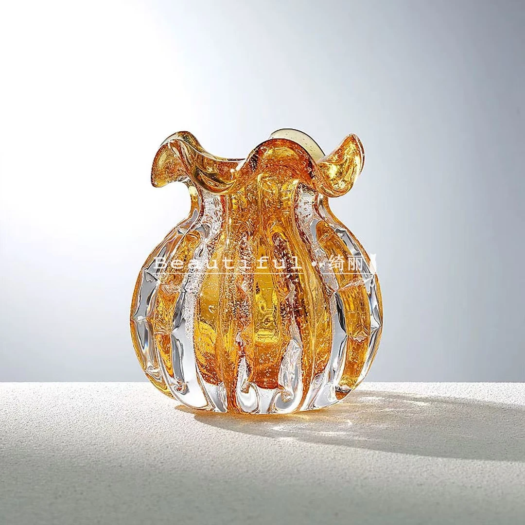 单只-轻奢小号琥珀色钱袋子手工琉璃花瓶插花器玄关客厅装饰摆件