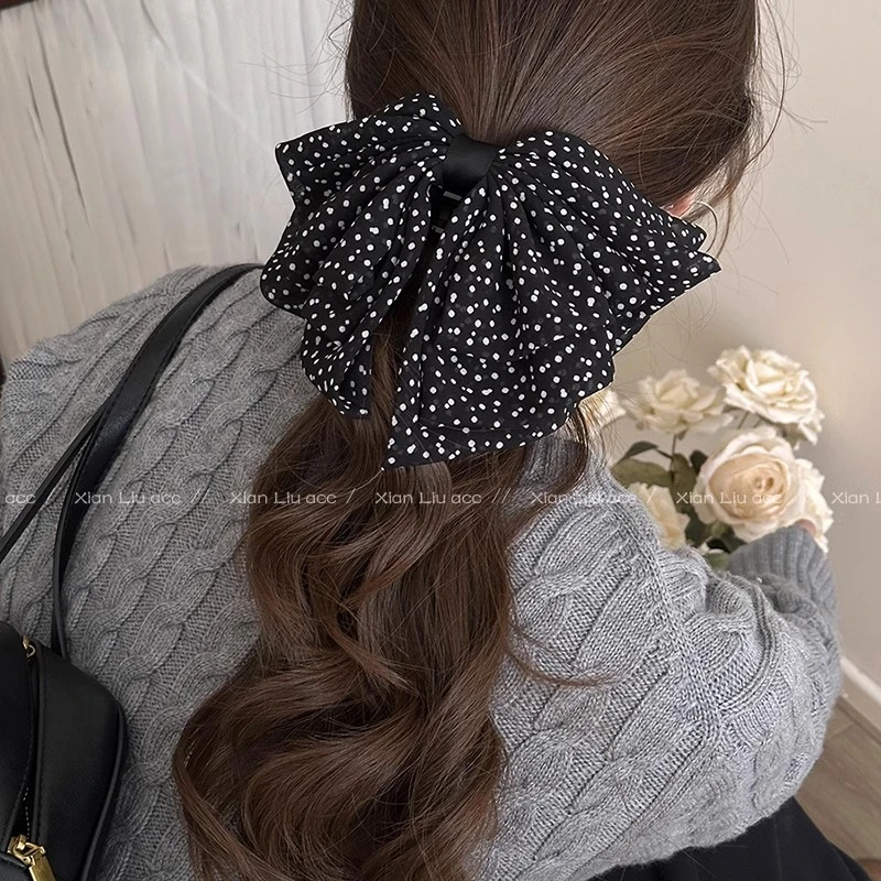 法式三层网纱波点蝴蝶结马尾夹公主头发抓夹女高级感后脑勺发夹子