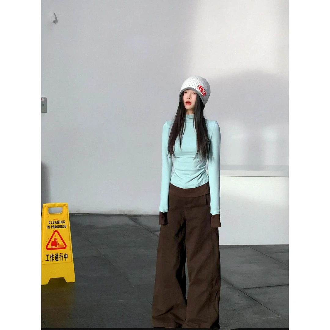 美式辣妹风撞色拼接半高领t恤女秋冬新款修身内搭打底衫长裤套装