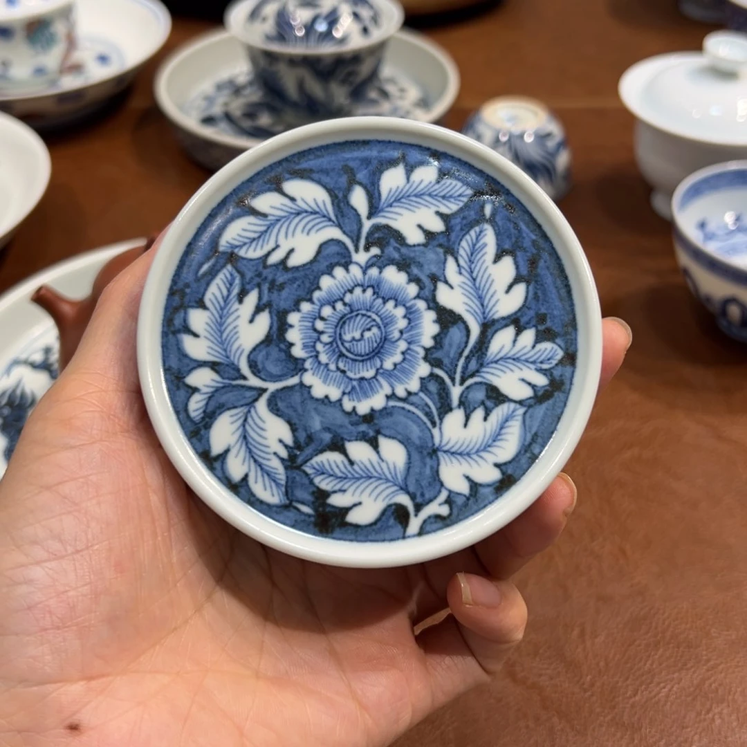 盖置蓝地缠枝盖置纯手工