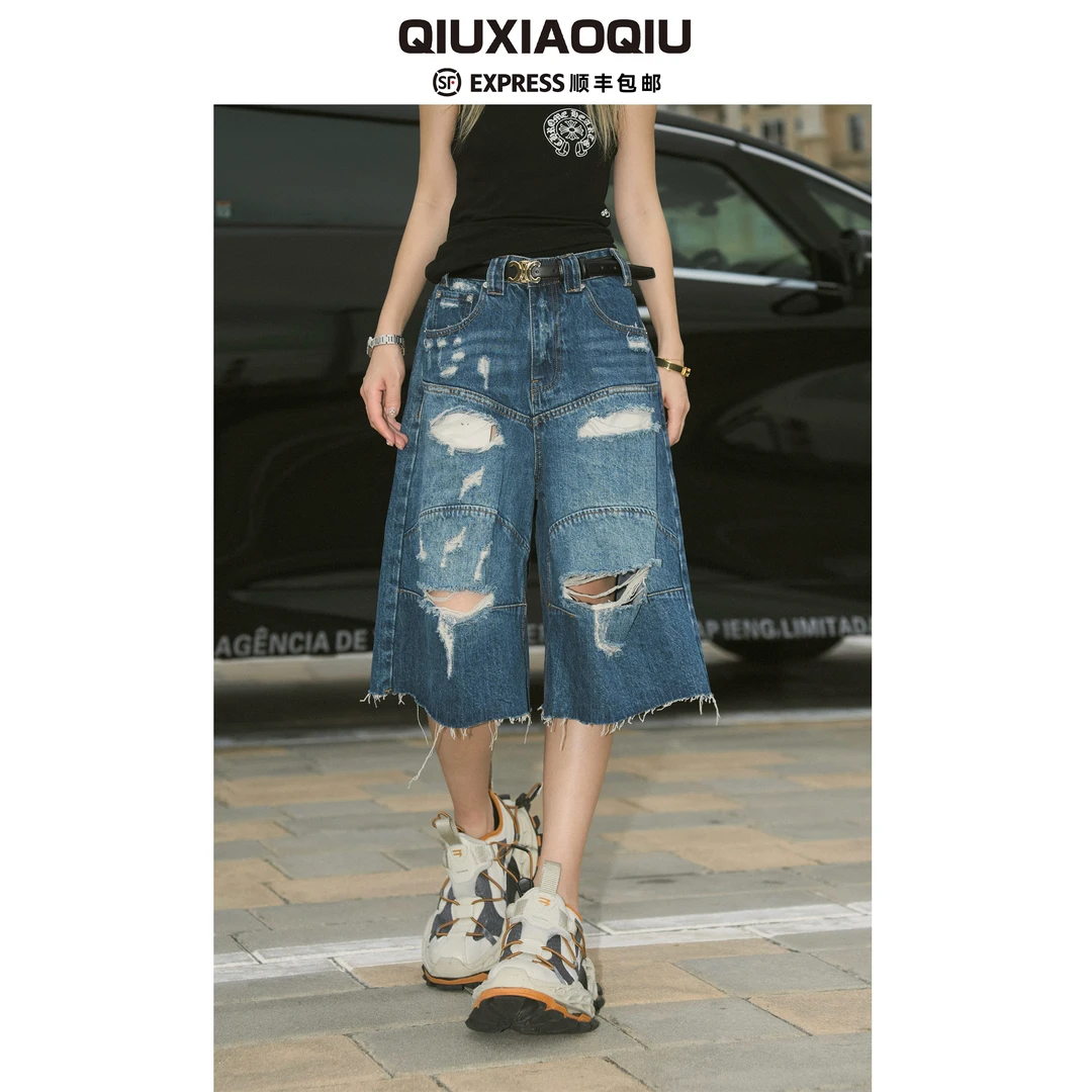 【Qiuxiaoqiu】巴黎25FW水洗做旧破洞磨烂竹节纹直筒复古牛仔短裤男