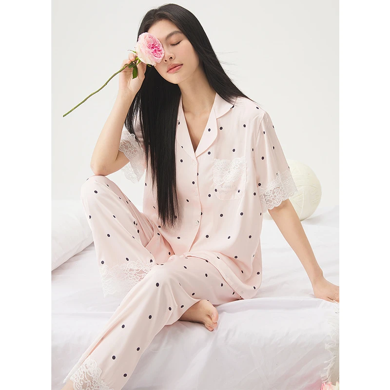 冰丝睡衣女春秋季短袖长裤仙女风夏天薄款居服套装