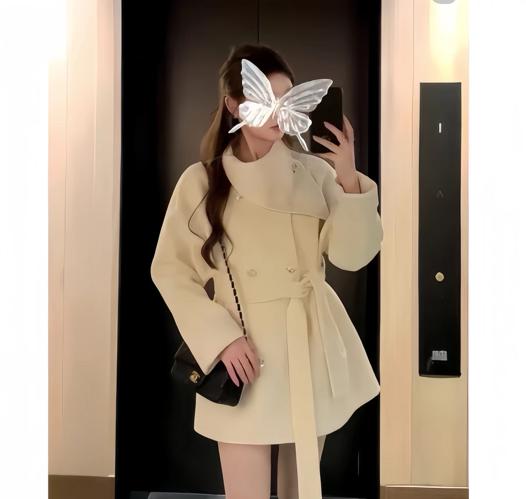 双面呢围脖领系带白色毛呢外套 X-278