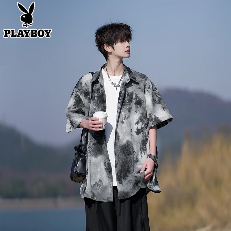 新中式国风水墨扎染衬衫男夏季新款休闲翻领小众薄款凉感休闲衬衣