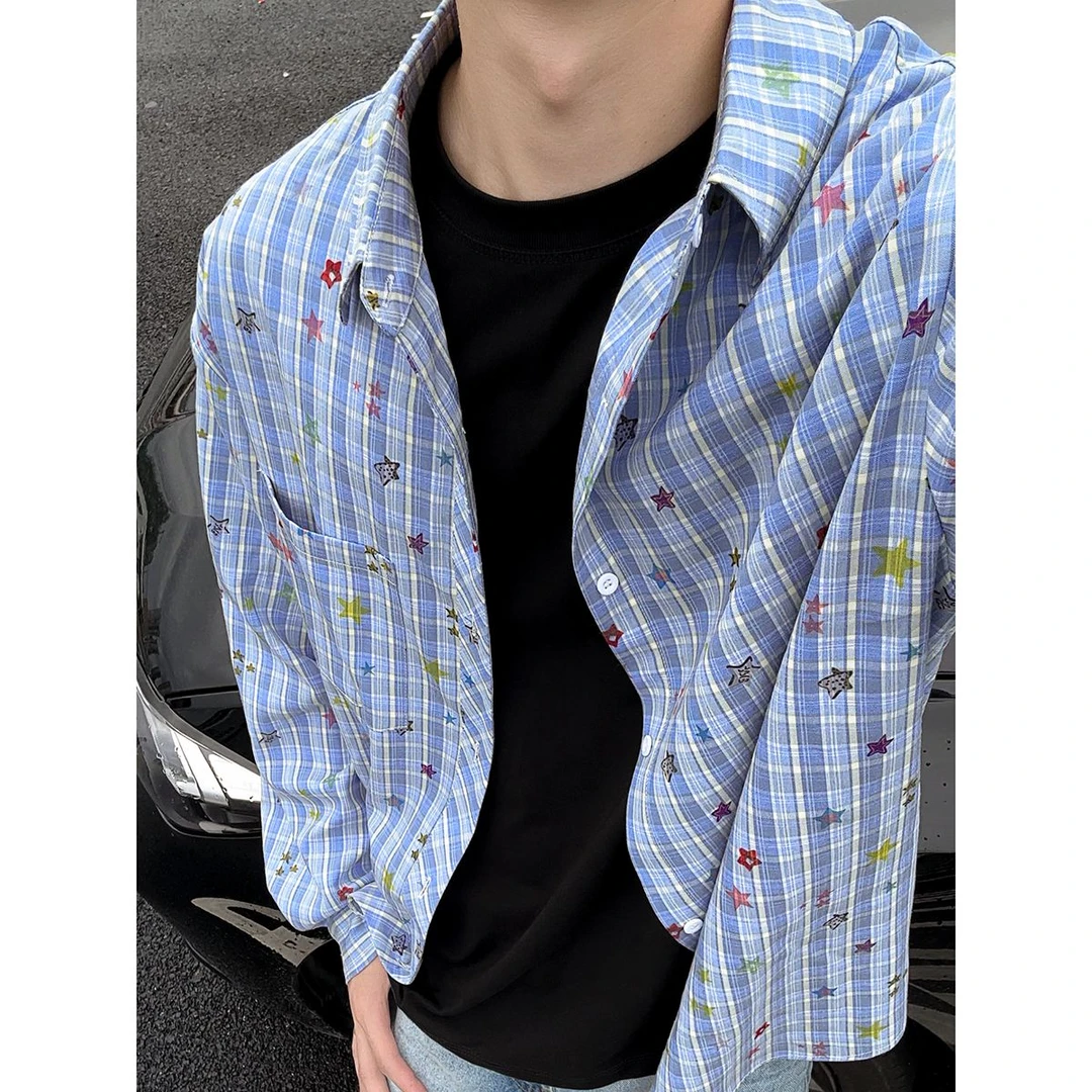 秋季慵懒感星星衬衫百搭宽松潮流翻领时尚情侣复古休闲格纹衬衣男