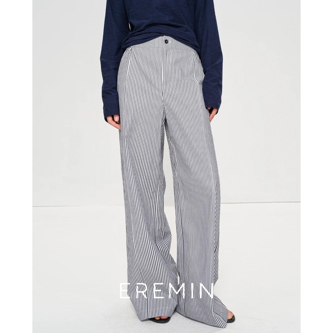 DE Mincollection蓝白条纹裤/色织条纹夏清爽棉质直筒休闲裤55590