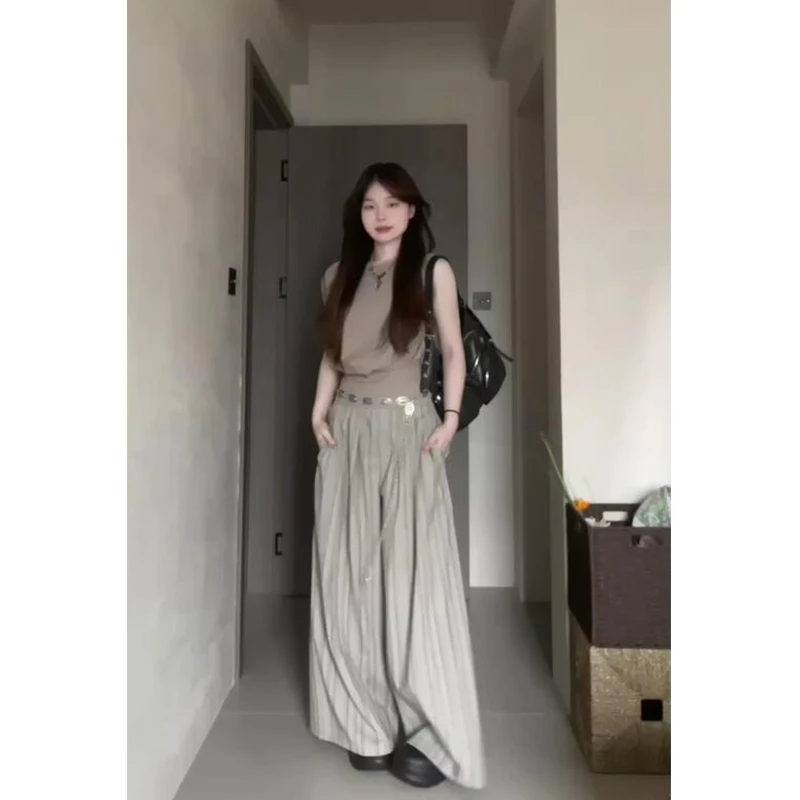 韩系慵懒感绑带收腰上衣套装女夏季新款高腰条纹休闲阔腿裤两件套