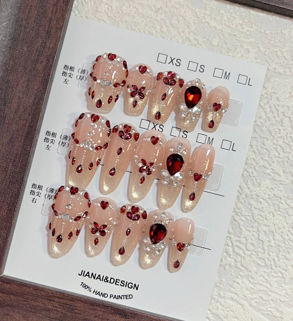 【鸿运当头】闪亮红色锆石美甲 喜庆美甲 纯手工穿戴甲 2611