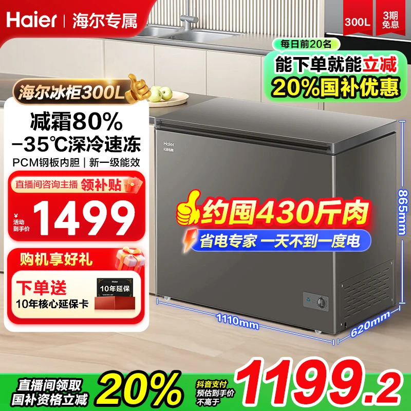 【国补20%专属】海尔冰柜300升全冷冻冷藏两用保鲜速冻家用小型冰柜