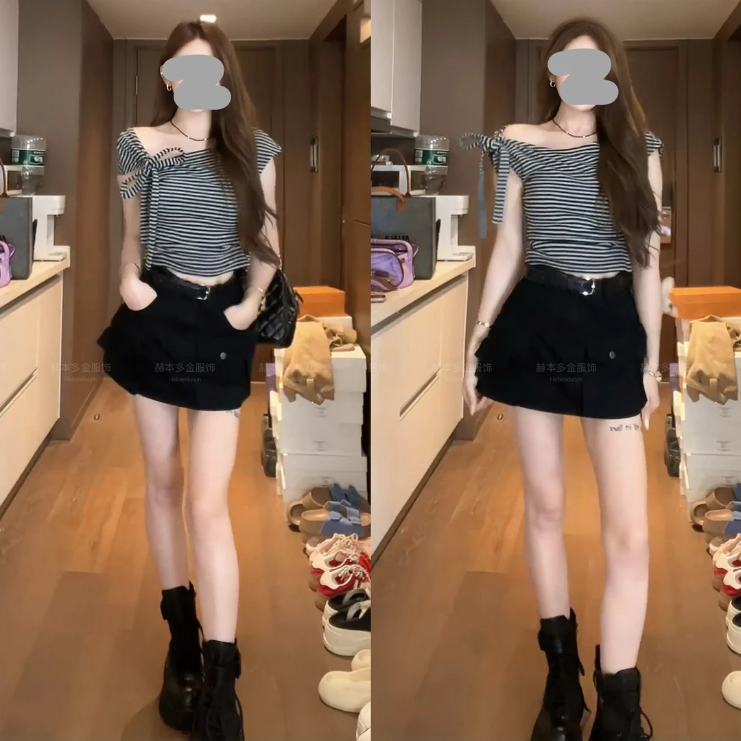 2025夏季新款时尚纯欲慵懒风松弛感条纹上衣百搭修身牛仔半裙套装