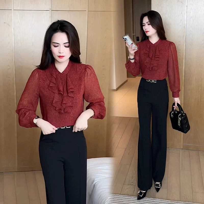 2025春夏款气质女装碎花花边领小衫中年妈妈洋气宽松遮肉长袖衬衣