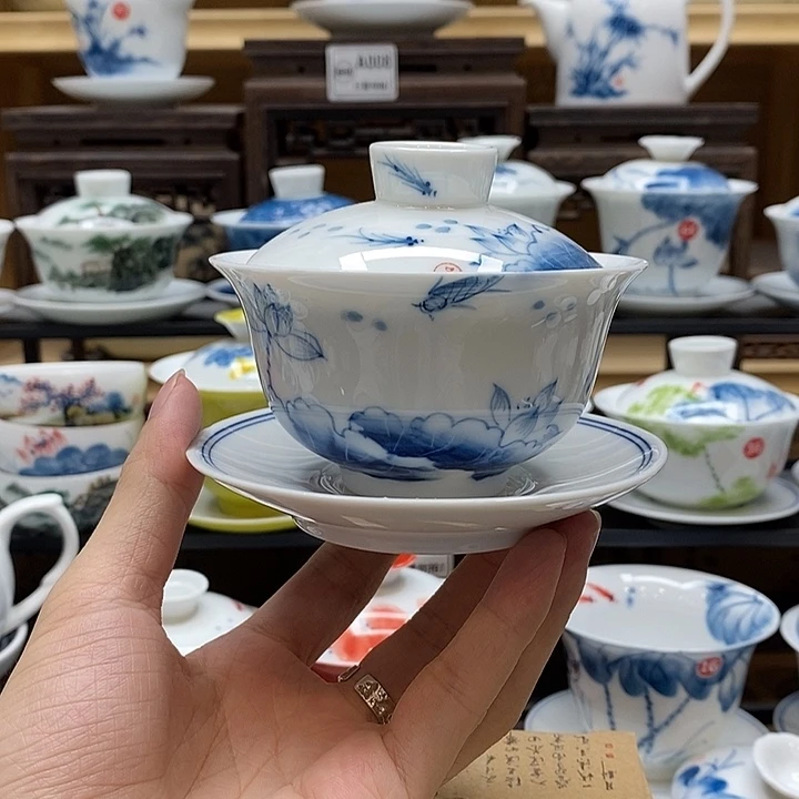 手绘鱼跃龙门150cc盖碗釉下彩微瑕福利款