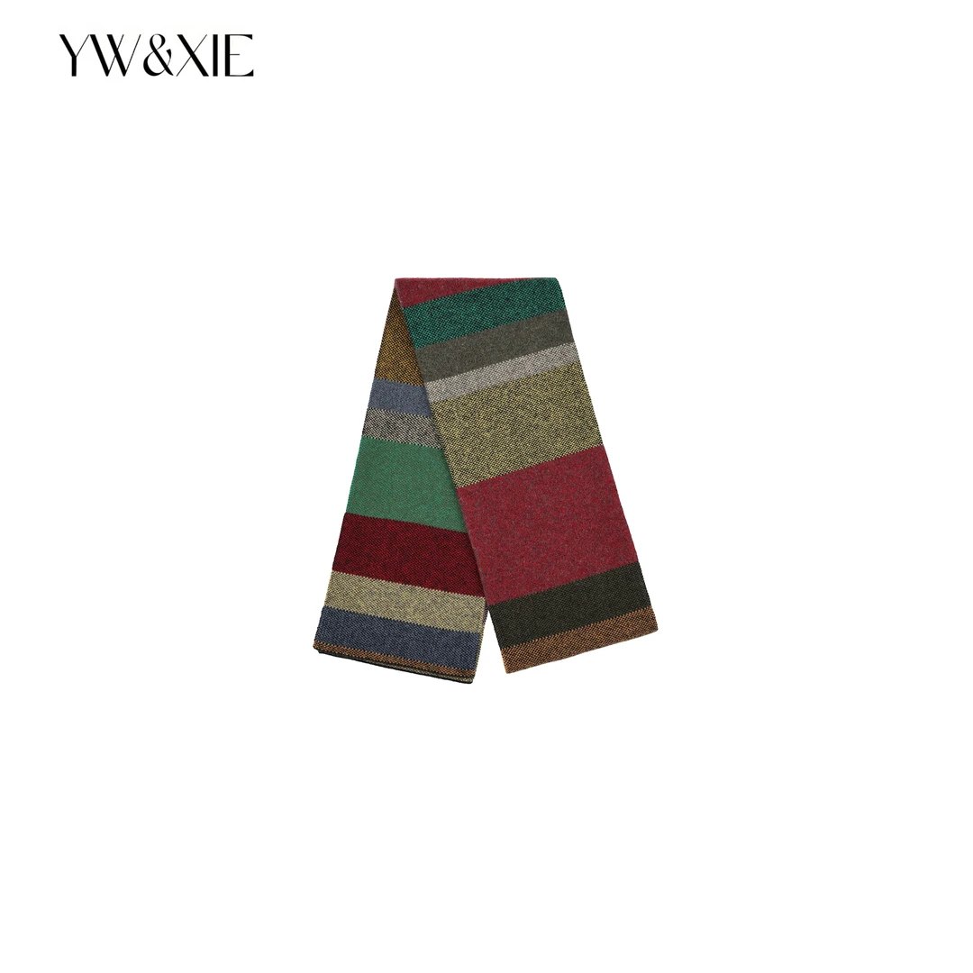 YW&XIE<999>100%羊毛 彩虹方糖撞色条纹围巾冬季羊毛围巾
