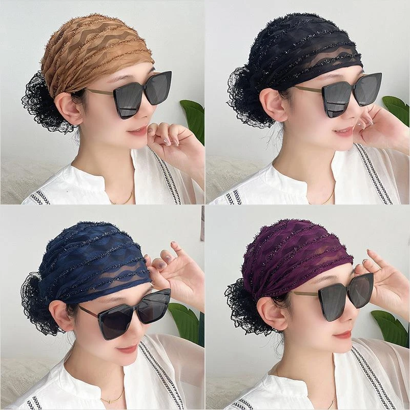 2025新款蕾丝遮盖白发神器透气包头帽洋气头饰假发女帽网纱头巾帽