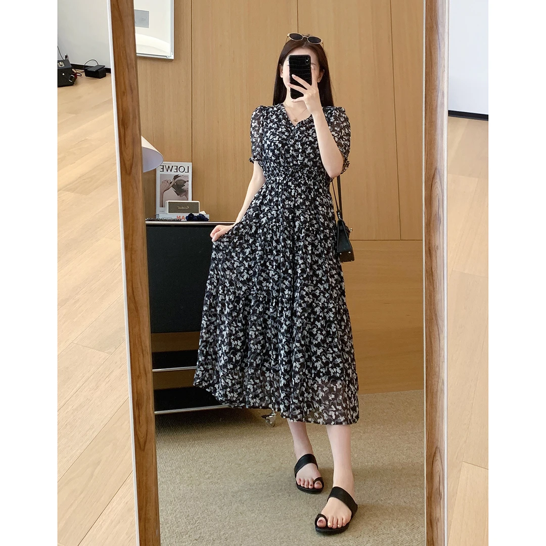 大叮自制【小夜曲碎花裙】V领荷叶边高腰收褶大摆雪纺连衣裙！L758