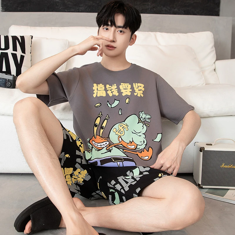 2025新款男士睡衣夏季短袖纯棉薄款卡通套装夏天加大码学生家居服