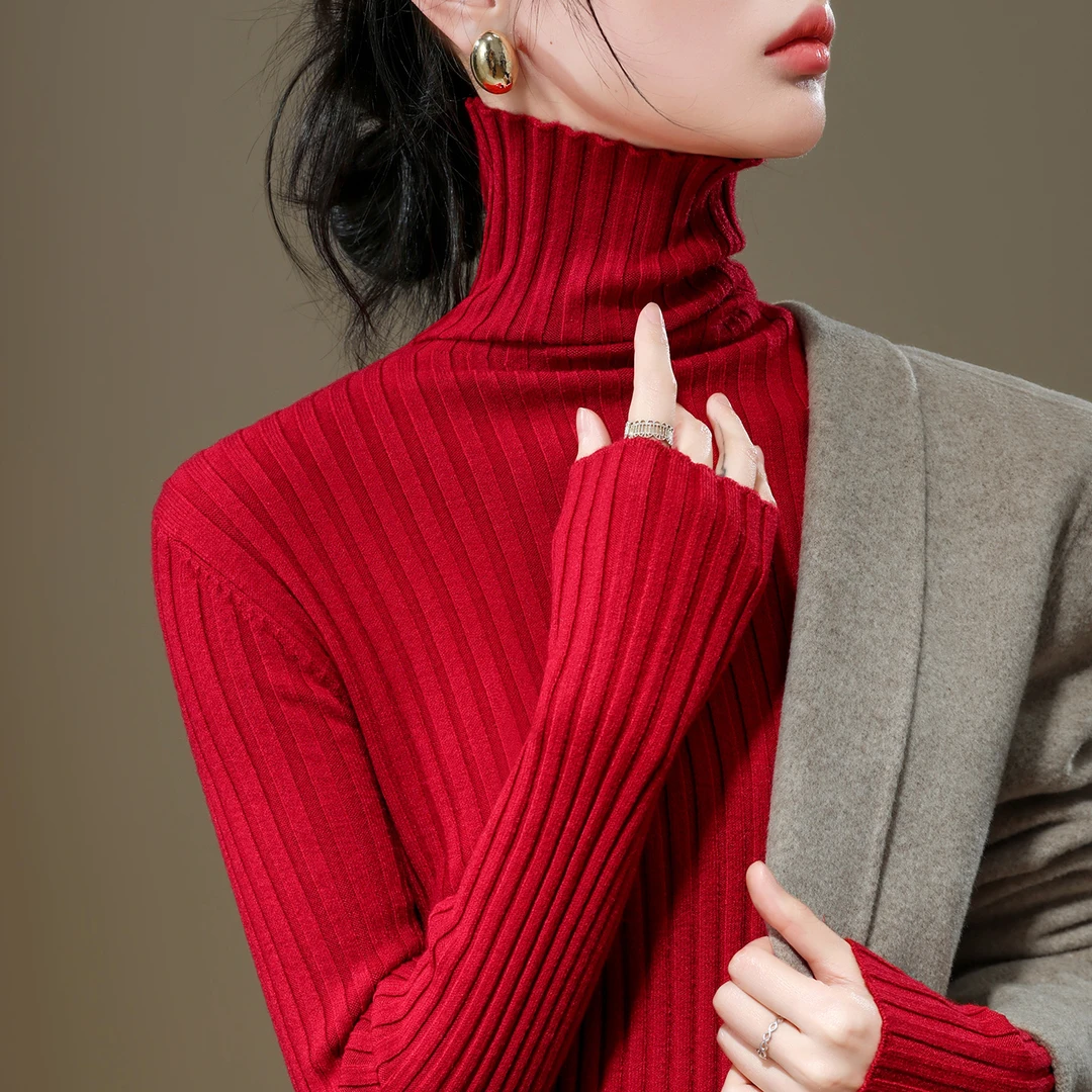 新年红毛衣女2025新款秋冬套头内搭修身长袖本命年高领针织打底衫