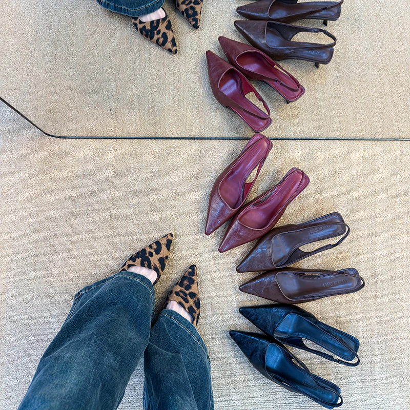 豹纹后空春秋气质时尚百搭夏季细跟尖头浅口女士软底春季高跟鞋