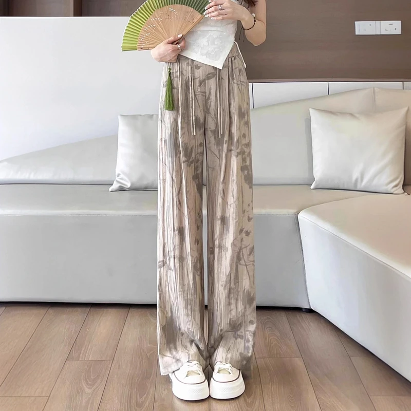 国风扎染冰丝阔腿裤女夏薄季高腰显瘦盘扣垂感防晒水墨画直筒裤子