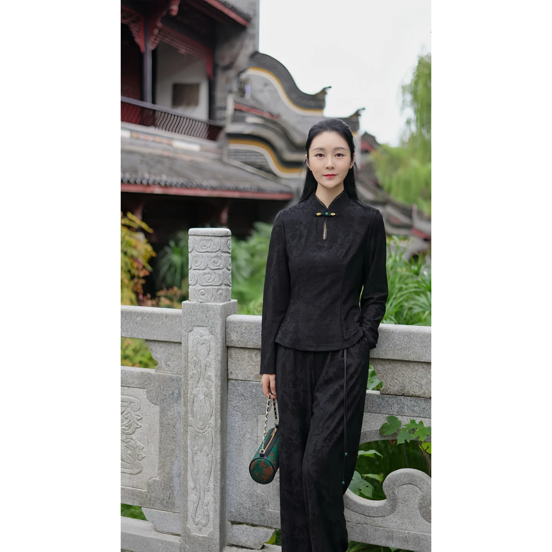 【墨云屏】秋季新中式国风黑色暗纹提花显瘦气质长款套装